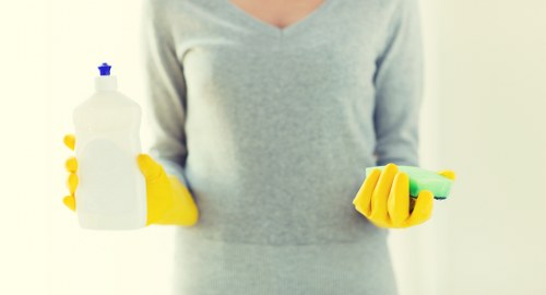 Technician performing sofa cleaning on a living room couch